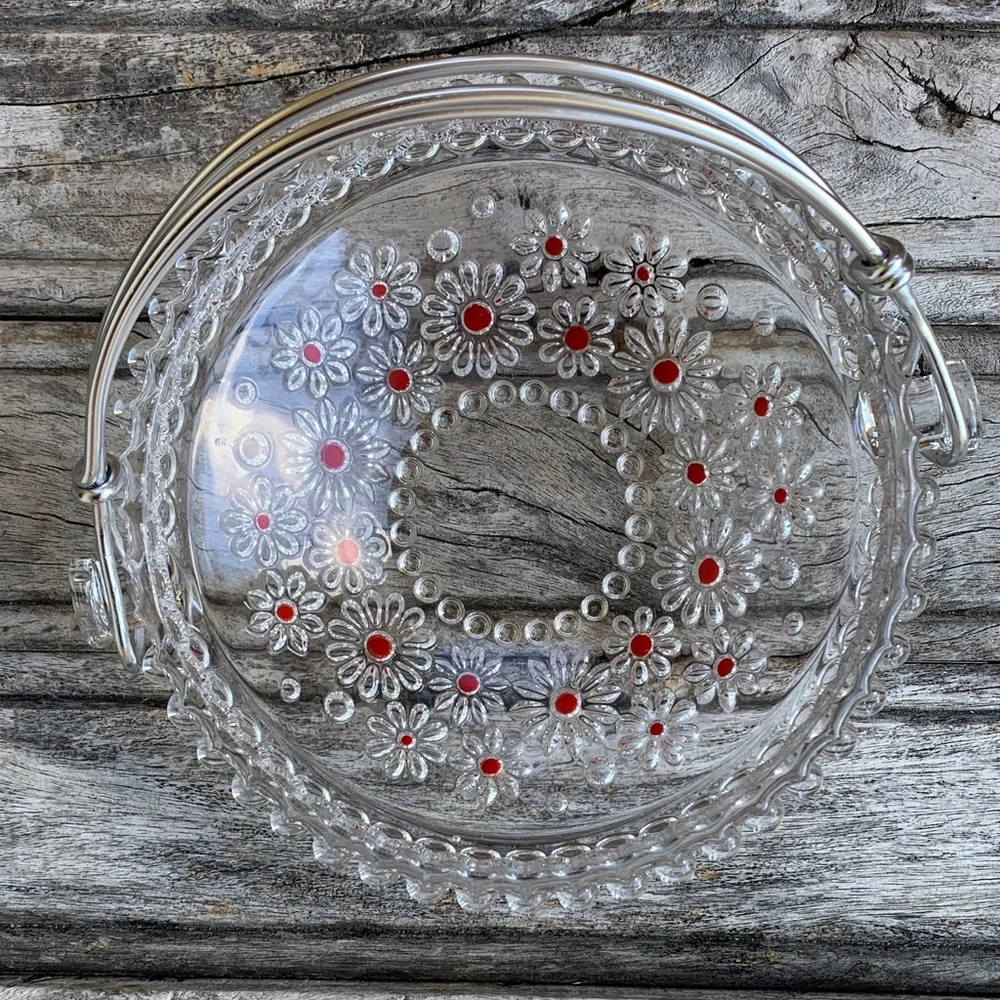 Vintage 70’s Walther Kristallglas Glass Daisy “Fabiola Basket Red Accent Dots - Picture 3 of 16
